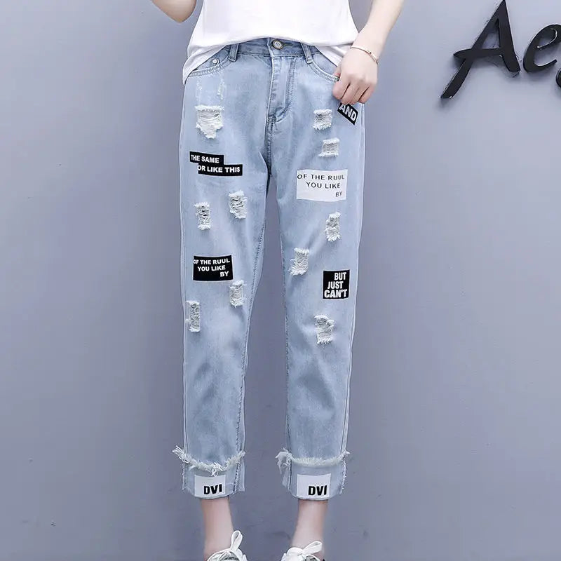 Women Floral Hollow Out Vintage Jeans