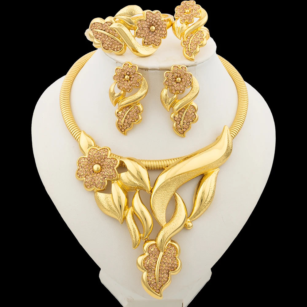 18K Gold Color Flower Bridal Jewelry Set