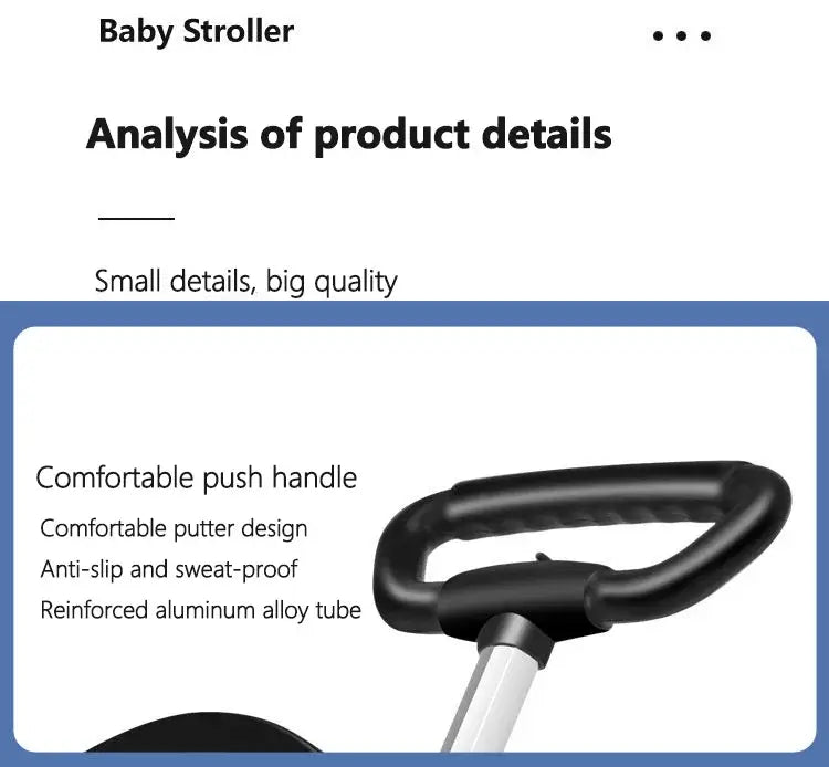Close-up of a baby stroller's comfortable push handle, featuring anti-slip design and reinforced aluminum alloy tube.