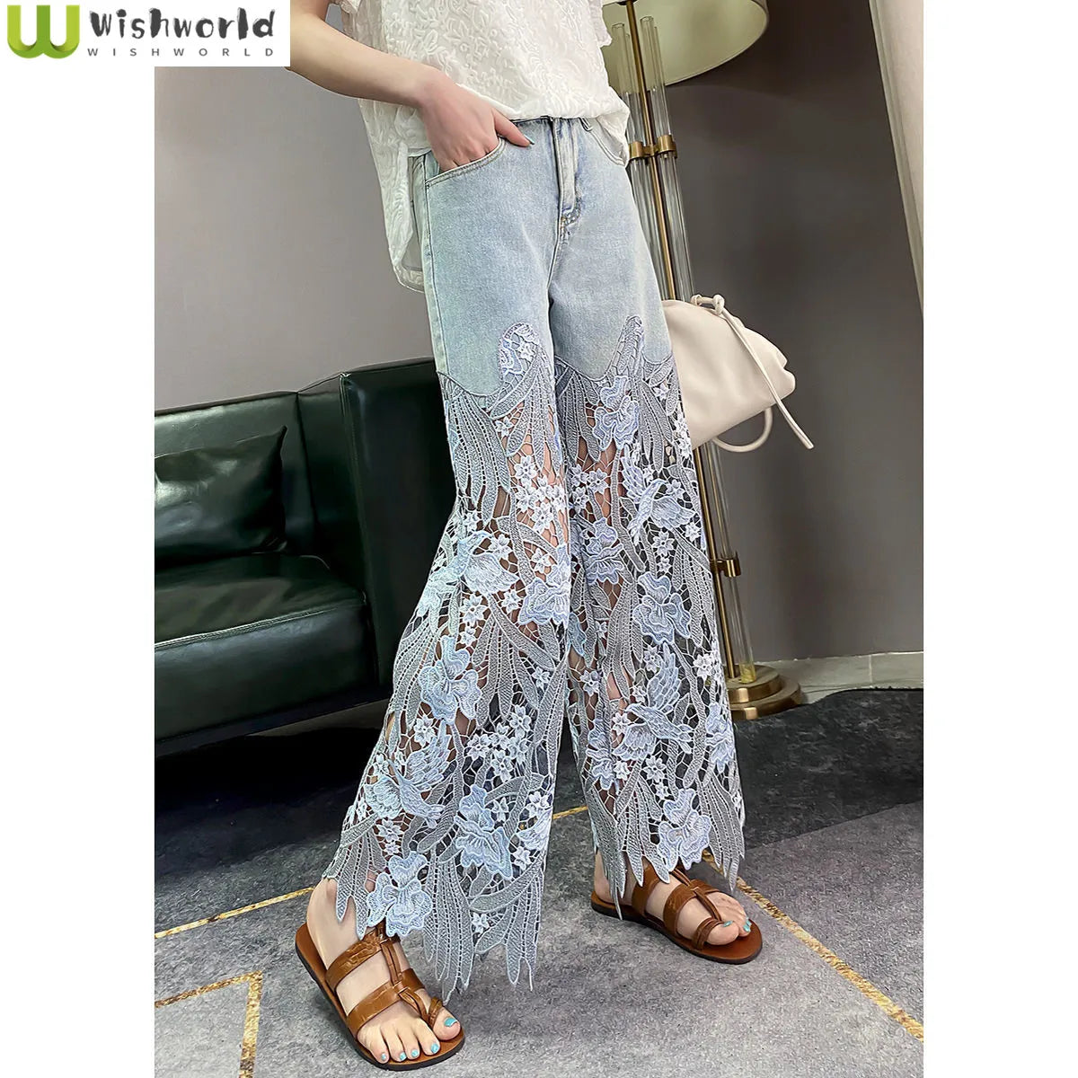 Women Floral Hollow Out Vintage Jeans