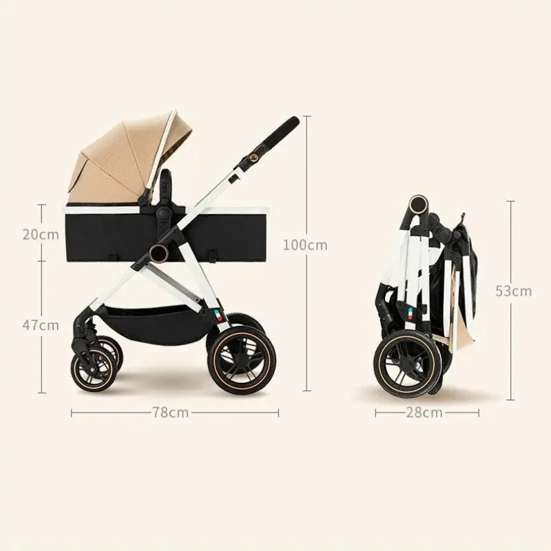Lightweight and foldable baby stroller with adjustable canopy and dimensions displayed for portability.