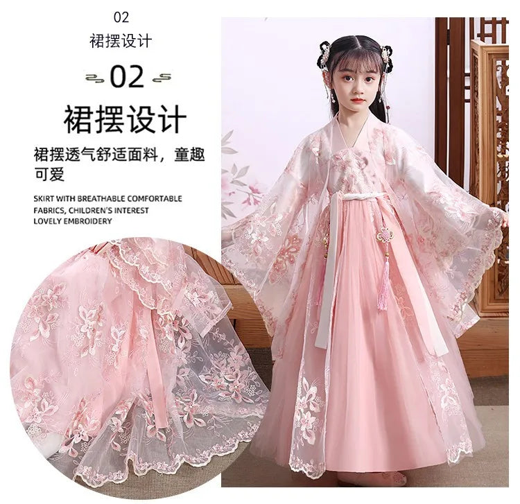 Modern Fairy Hanfu dress for girls featuring breathable fabric, floral embroidery, and a cute design, perfect for cosplay.