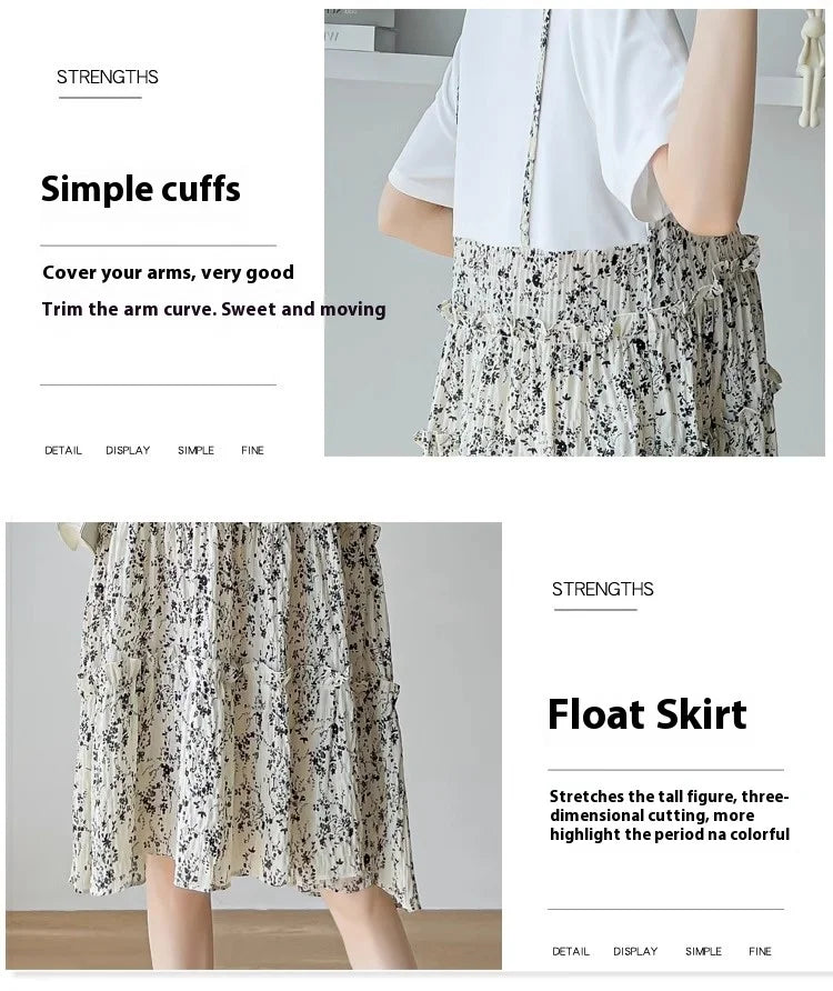 Elegant maternity dress showcasing simple cuffs and a float skirt design with floral patterns for baby showers.