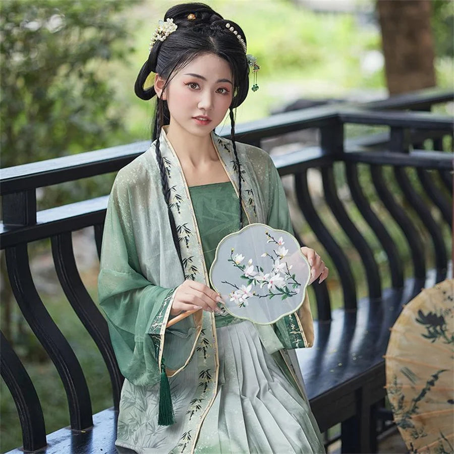 Women’s Hanfu Cosplay in green dress, showcasing elegant traditional style with fan, perfect for cultural events.