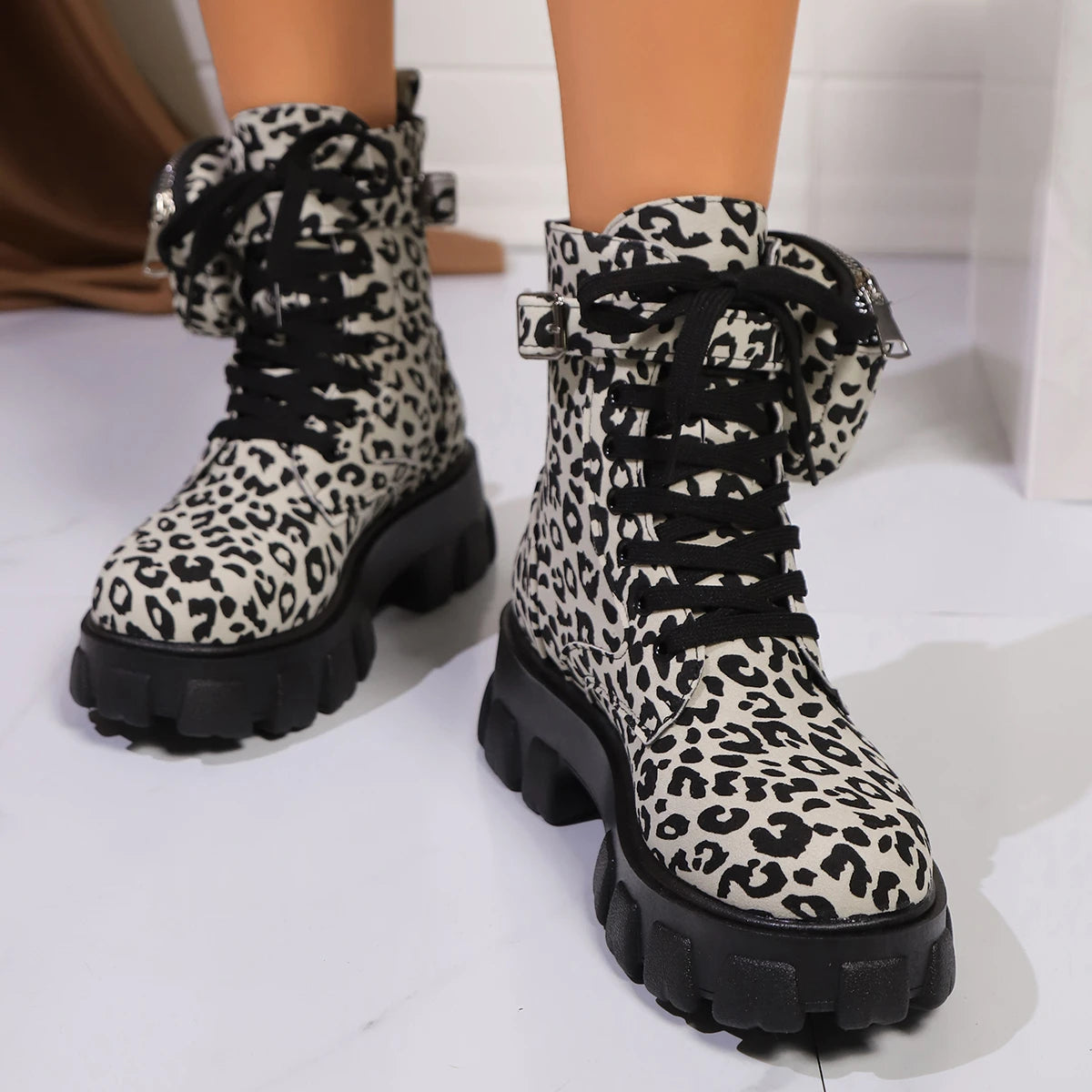 Women Leopard Print Ankle Boots – Winter High Heel Platform Shoes