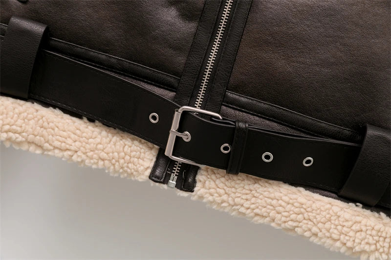 Vintage Faux Shearling Belted Winter Jacket