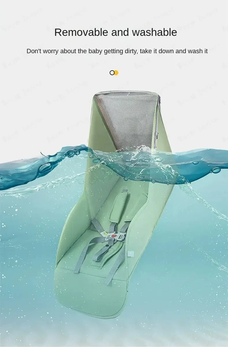Removable and washable baby stroller seat submerged in water, highlighting easy cleaning features.