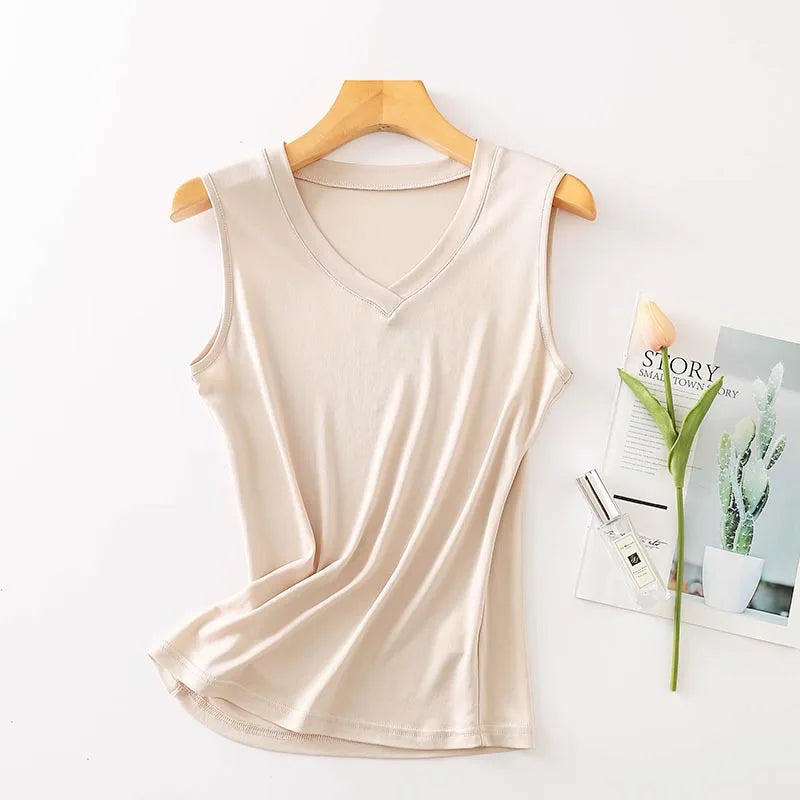 Silkaire™ 100% Mulberry Silk V-Neck Strap Top for Women, Premium Sleepwear in Solid Beige Color.