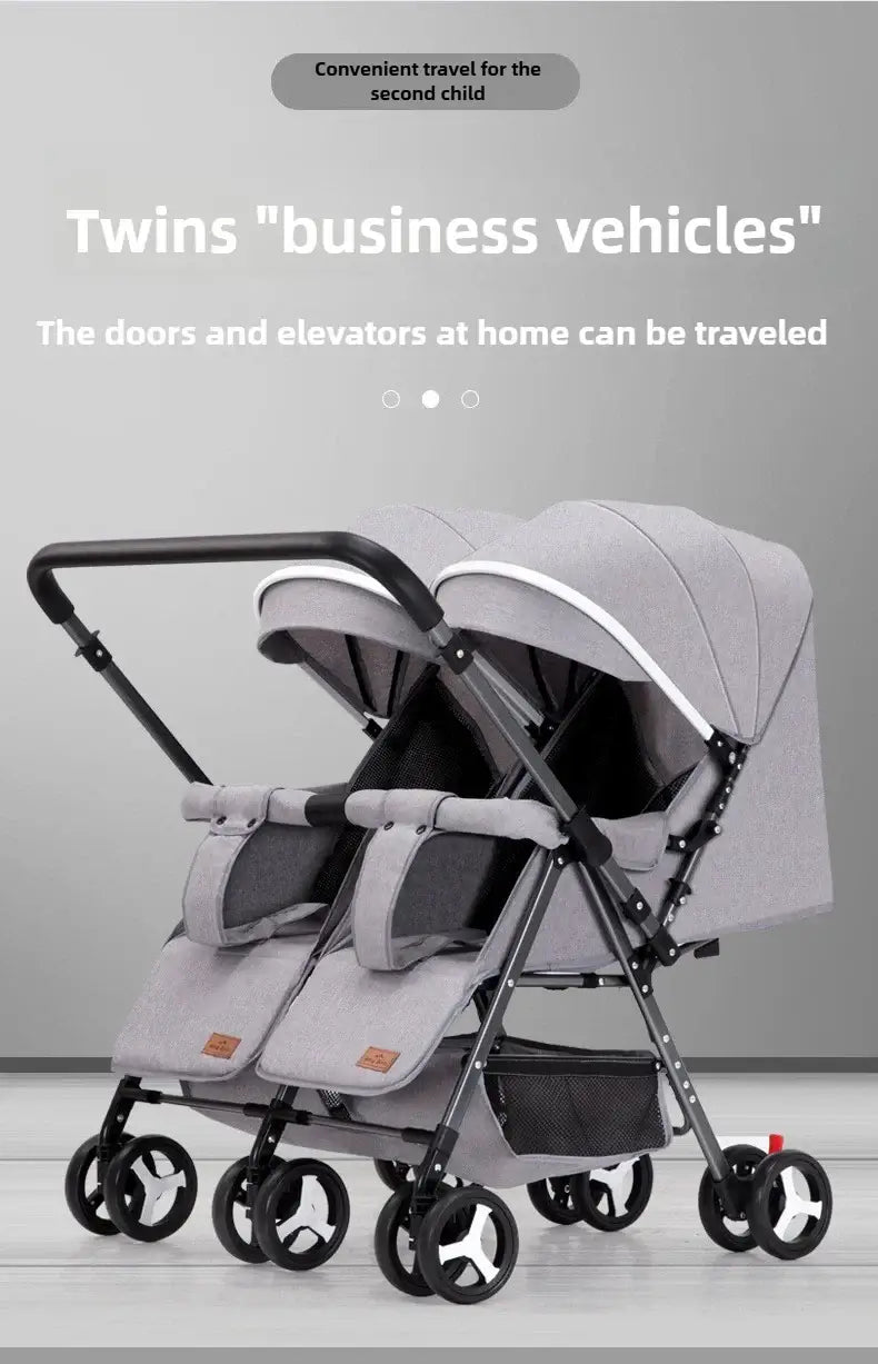 2025 New Twin Baby Stroller in grey, perfect for convenient travel with two children, featuring a foldable design and smooth wheels.