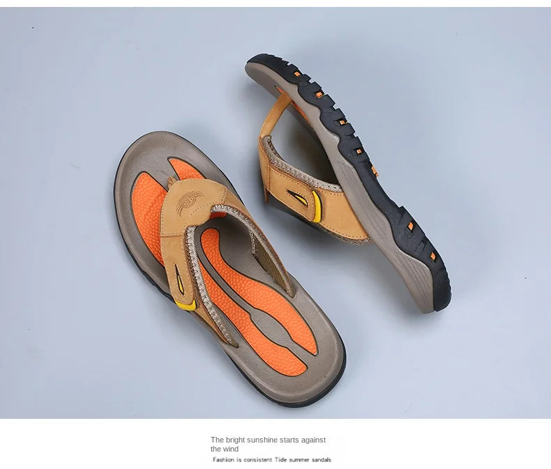 Men Cow Leather Beach Flip Flops Sandals