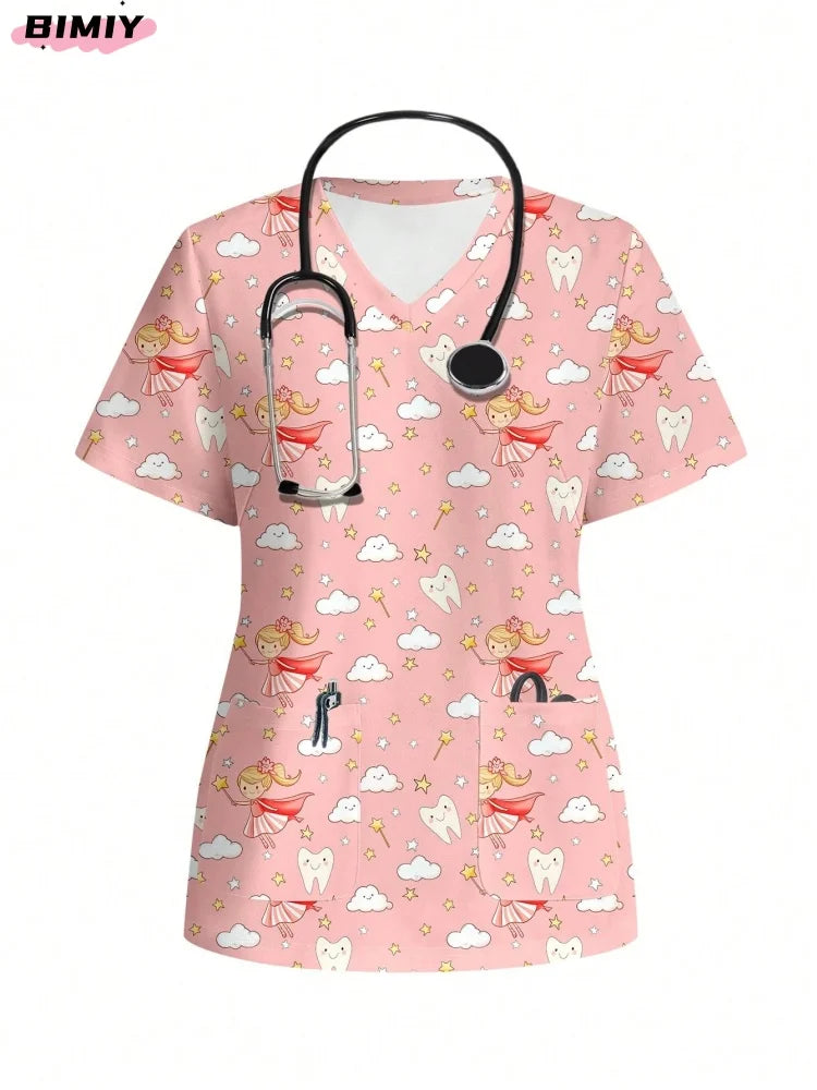 Colorful pink nurse scrub top featuring cartoon designs and a stethoscope, perfect for medical professionals.
