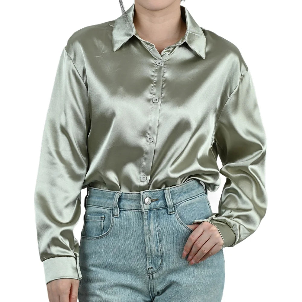 SilkAura™ Imitation Silk Blouse in soft green, featuring a smooth, elegant fit perfect for business casual attire.