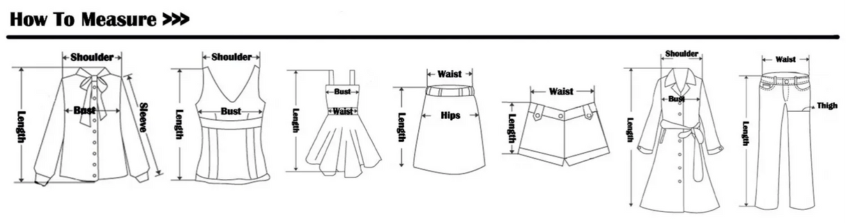 Diagram showing how to measure clothing sizes for various styles including blouses, dresses, and skirts.