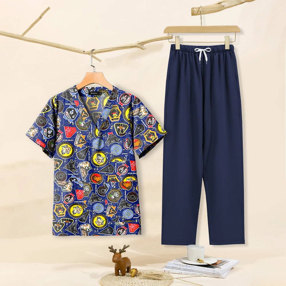 Cartoon print dental scrubs featuring colorful patterns, includes matching navy pants, ideal for pet grooming workwear.