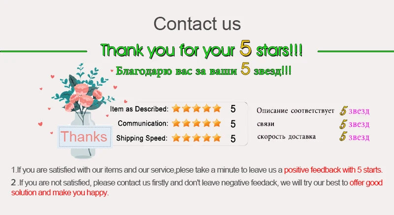 Thank you message for customer feedback with stars rating and floral design.