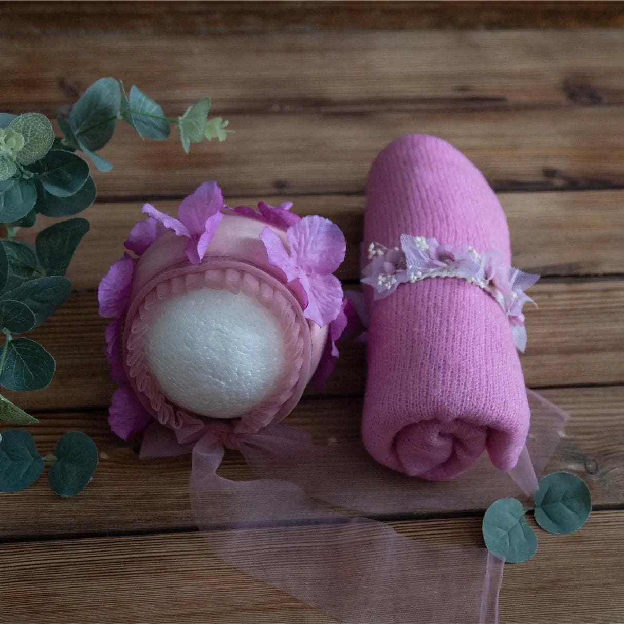 Newborn stretch knit mohair set with floral baby hat and pink wrap, ideal for 0-1Y unisex infants.