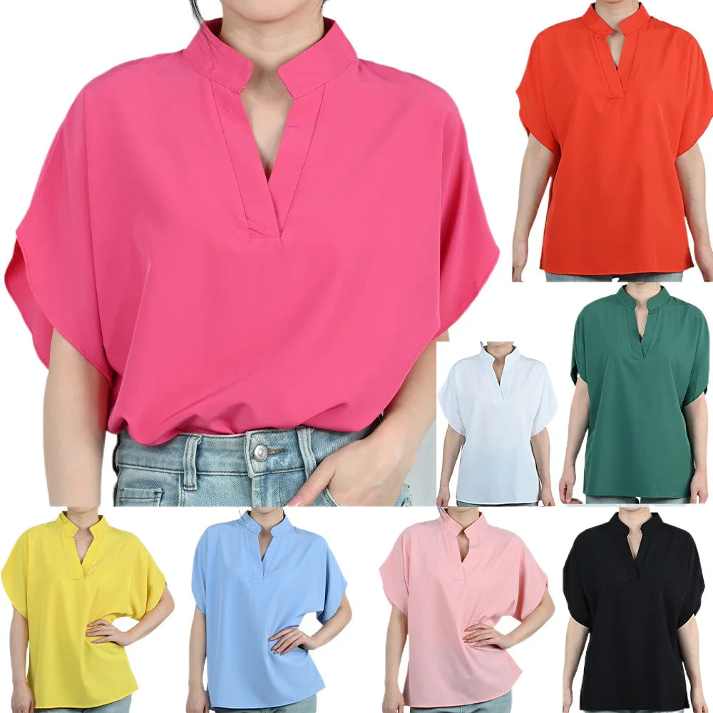 FlareFemme™ V-Neck Summer Blouse in various colors, featuring short flare sleeves and a loose midlife fit.