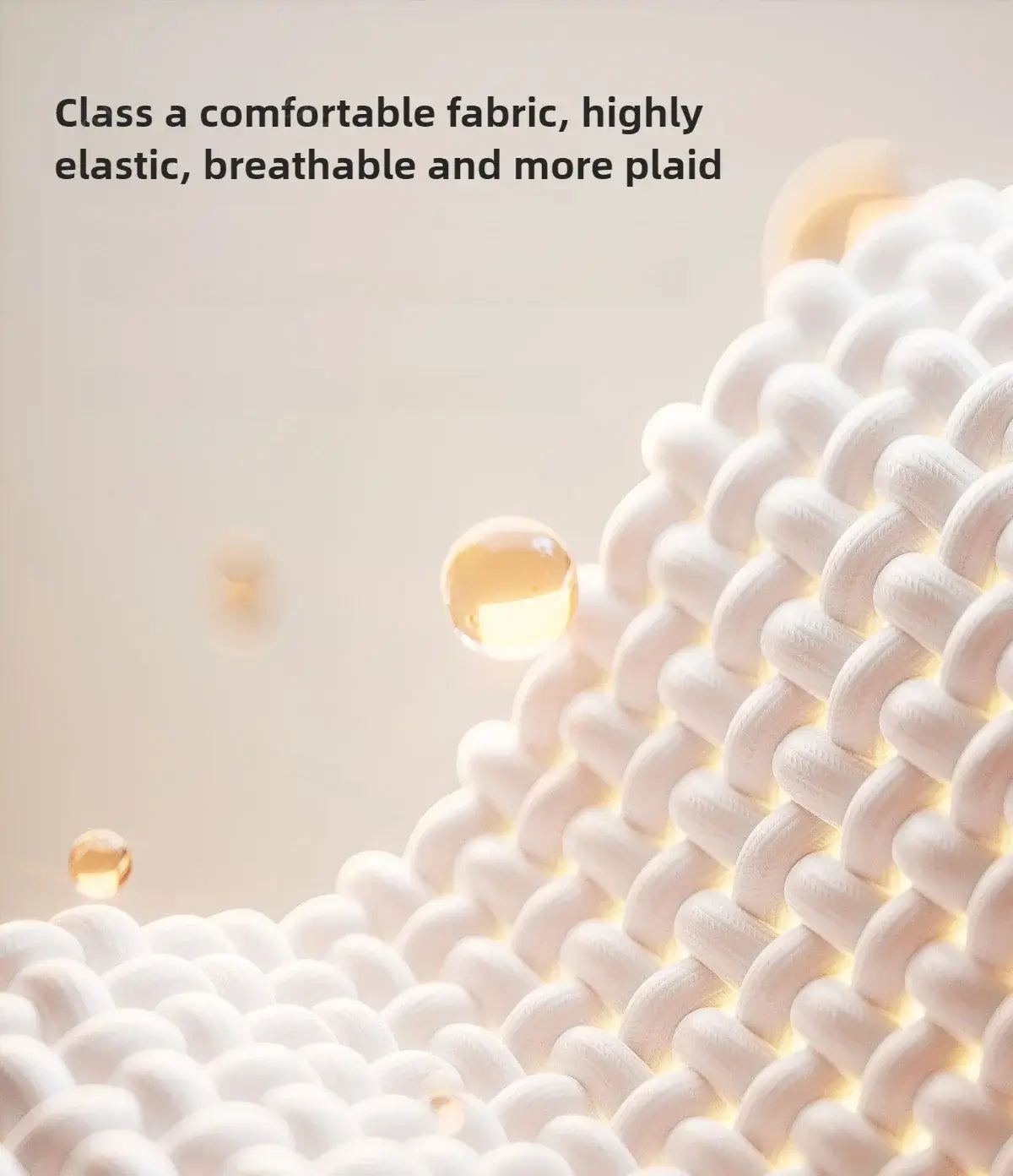 Close-up of highly elastic, breathable fabric with water droplets, showcasing a soft, plaid texture.