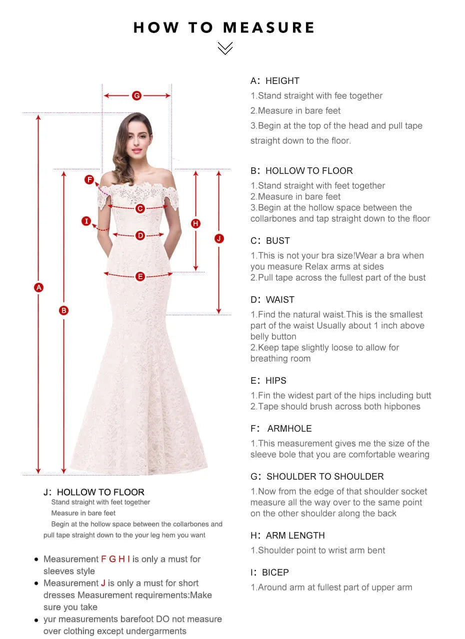 Measurement guide for custom fitting wedding gowns with detailed sizing instructions.