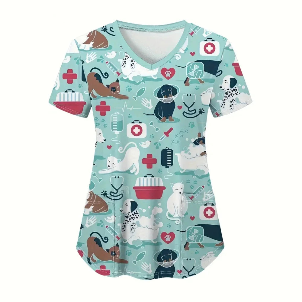 Cartoon animal scrubs for women featuring playful dog and cat designs, perfect for veterinary professionals.