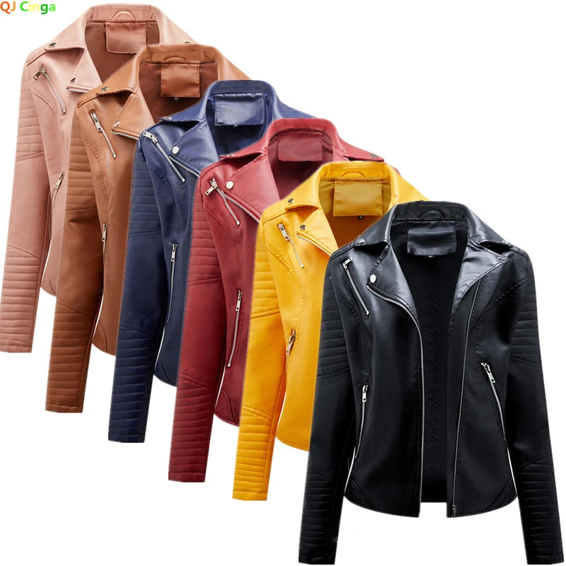 Women's Faux Leather Lapel Biker Jacket