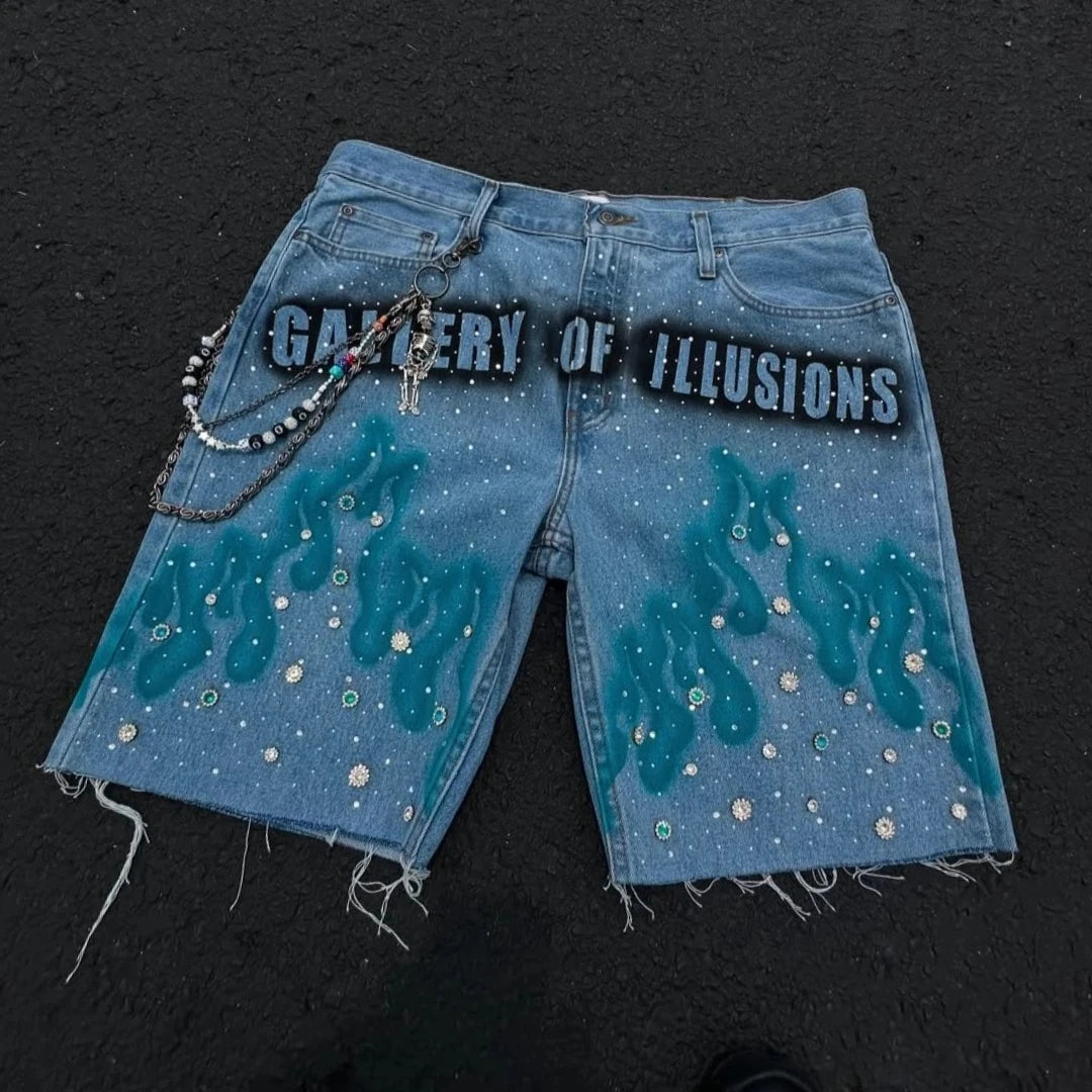 FlameShorts™ – Rhinestone Baggy Shorts (Y2K Flame Street Look)