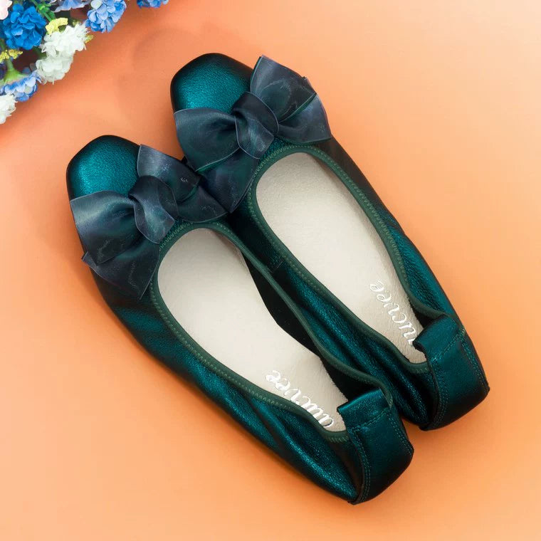 حذاء باليرينا مسطح سهل الارتداء بعقدة من الجلد للنساء