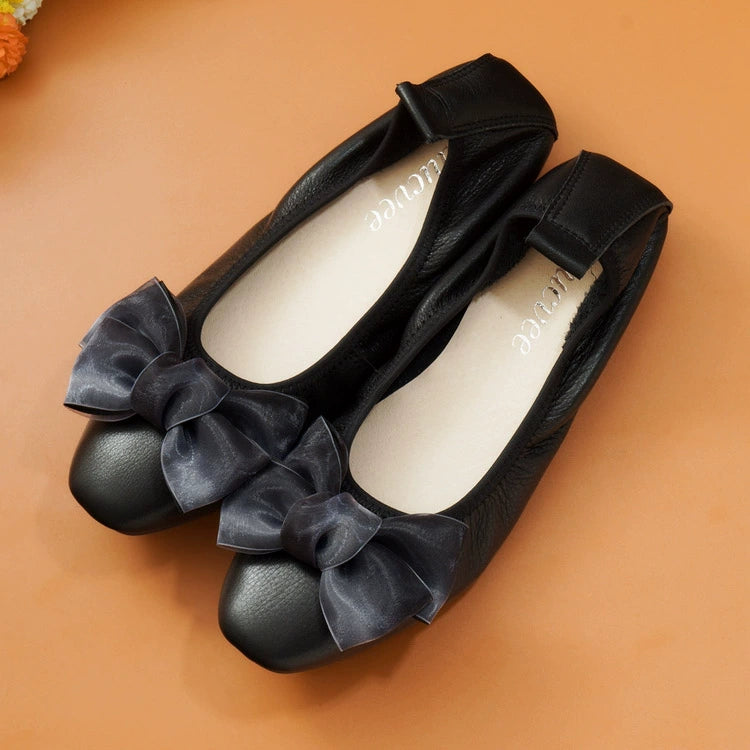 حذاء باليرينا مسطح سهل الارتداء بعقدة من الجلد للنساء