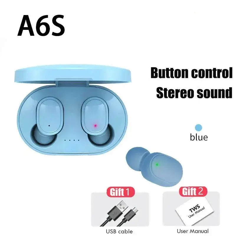TWS A6S Wireless Bluetooth Earbuds in blue, featuring button control and stereo sound with accessories included.