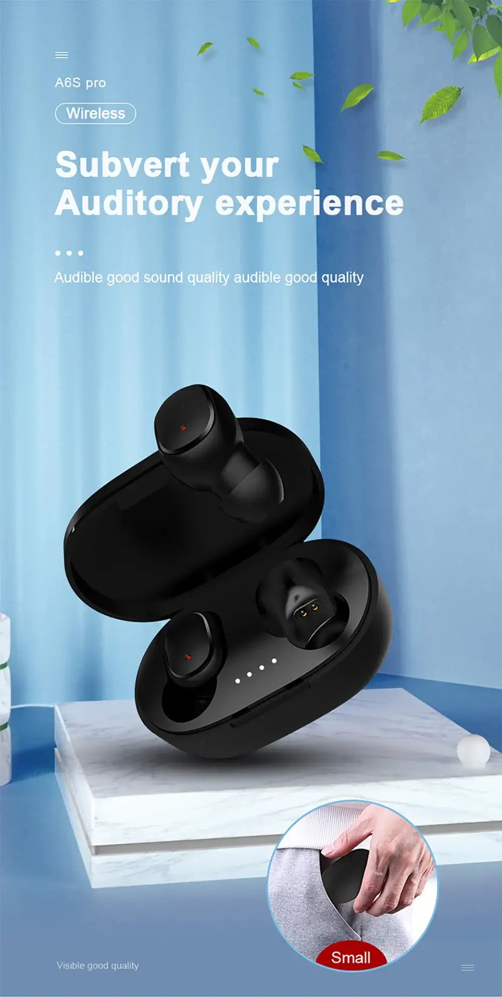 TWS A6S wireless Bluetooth earbuds with charging case, highlighting noise cancellation and sound quality.
