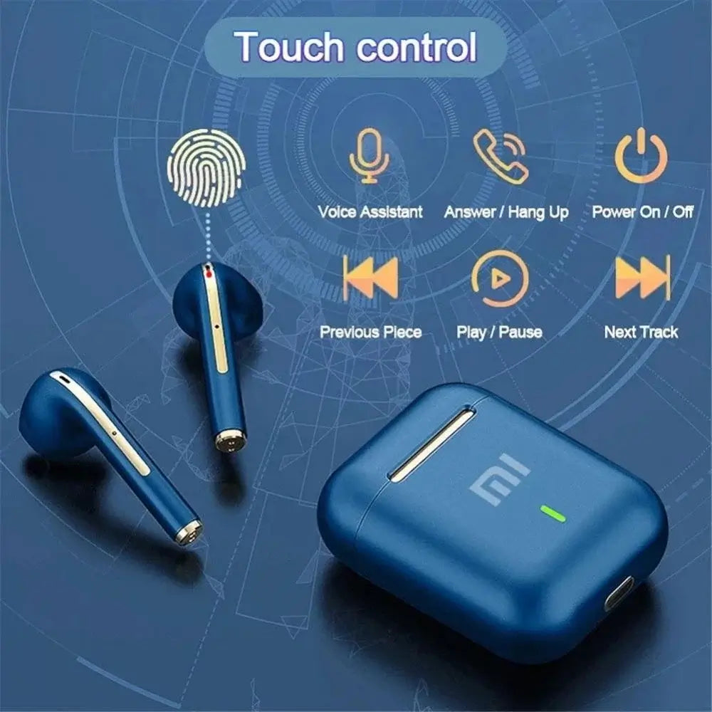Xiaomi J18 TWS Bluetooth earphones with touch control and charging case, wireless communication, sleek design.