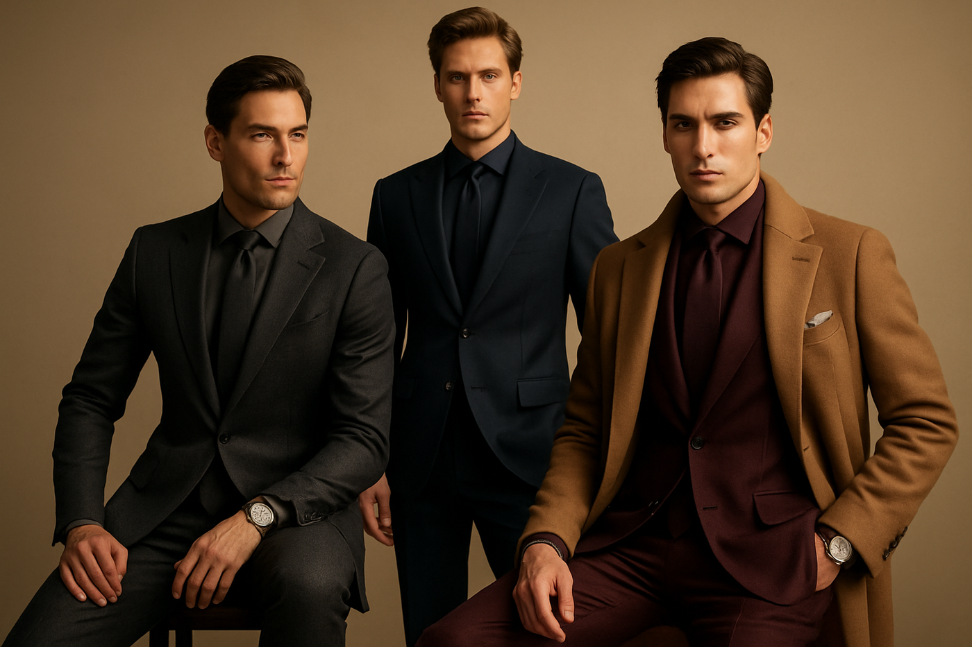 A luxury high-fashion photoshoot featuring three elegant male models wearing premium designer clothing, styled like wealthy businessmen. The background is a minimal beige studio backdrop with soft lighting, creating a clean, luxury brand look. The models wear tailored suits, silk shirts, cashmere jackets, and luxury accessories. The composition should look like an upscale fashion campaign for a global luxury brand (similar to Gucci, Dior, Armani). Ultra realistic, 8K, cinematic lighting, editorial style.
