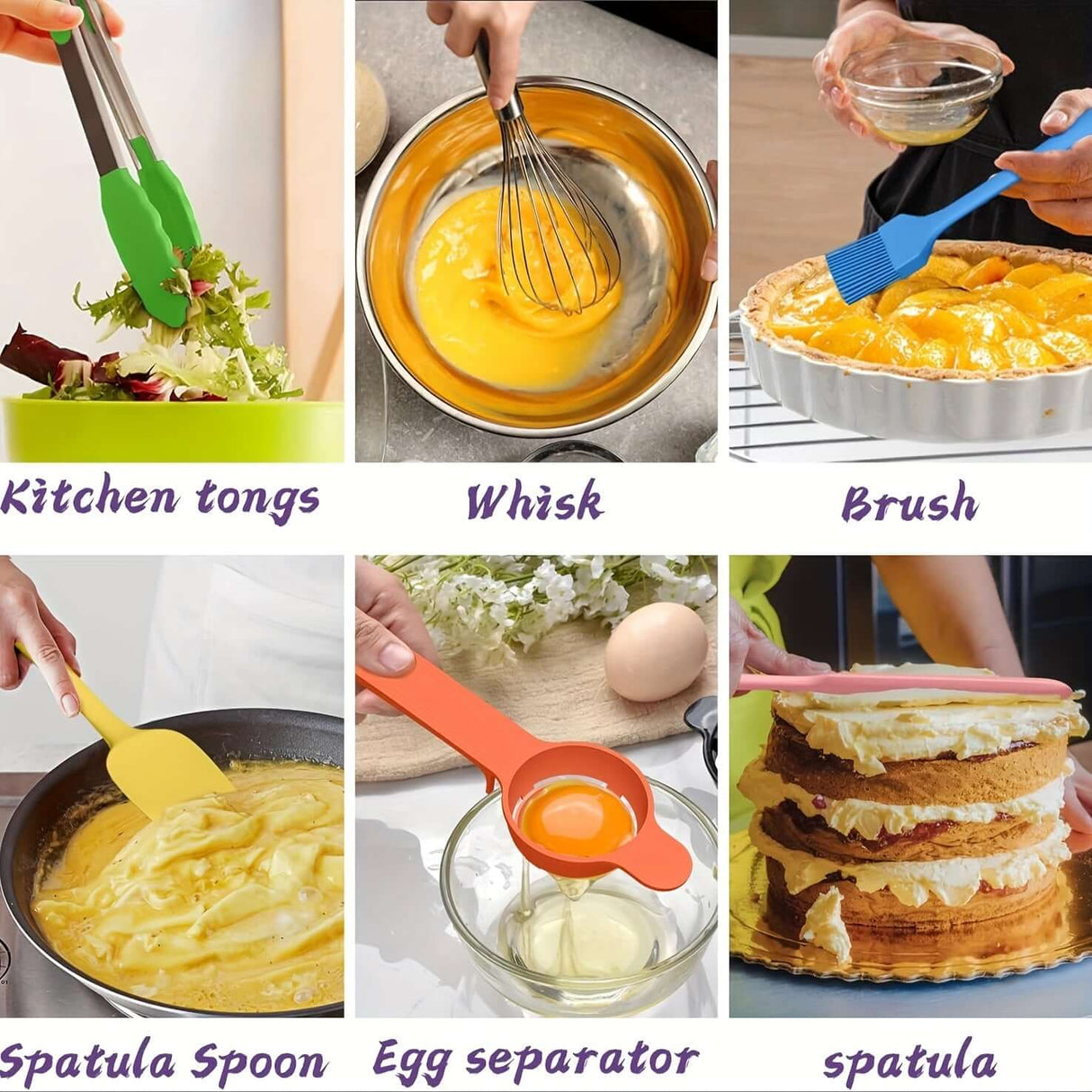 Collage of kitchen tools: tongs, whisk, brush, spatula spoon, egg separator, and spatula for cooking and baking.