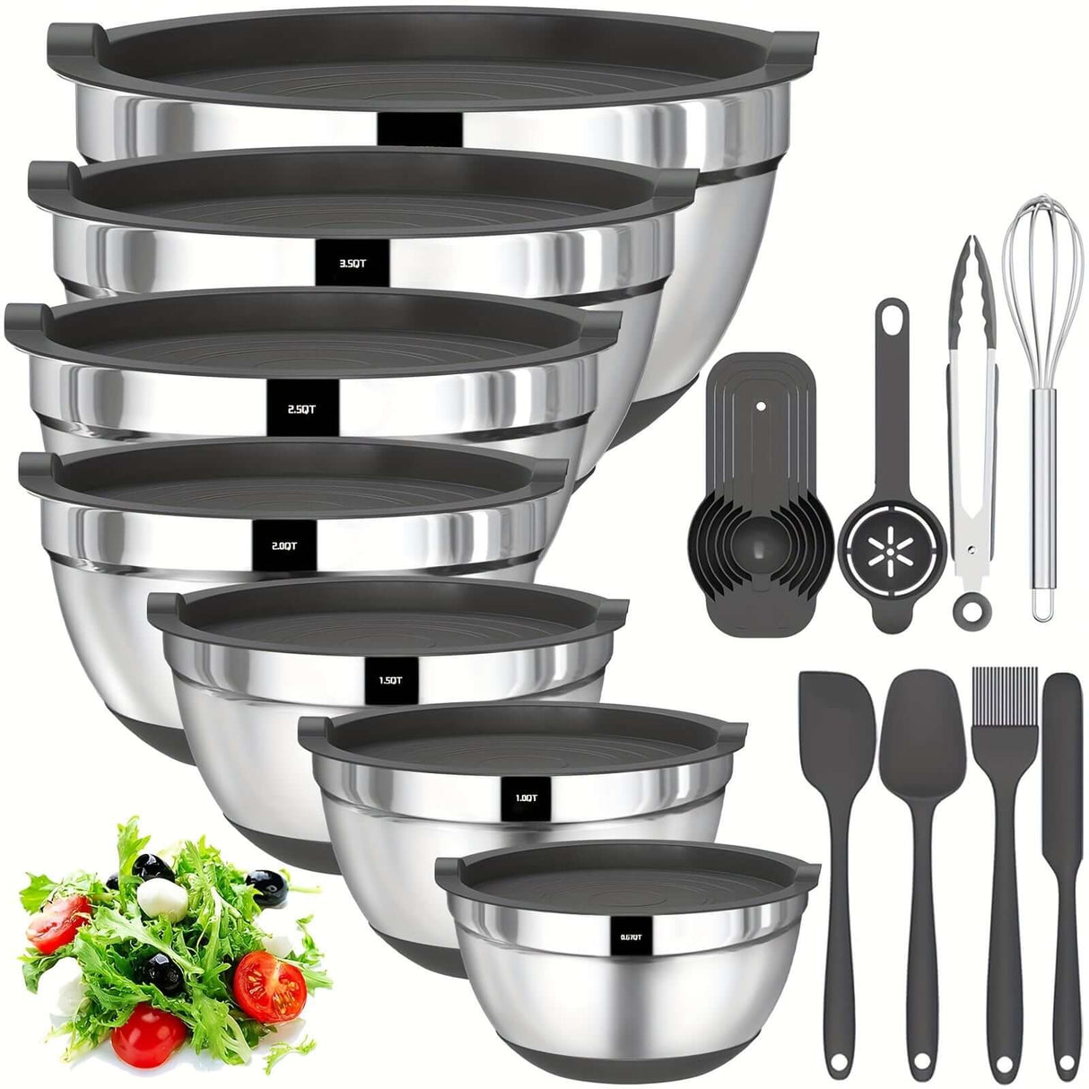 20pcs stainless steel mixing bowls set with lids, includes spatulas, whisk, utensils, perfect for cooking and serving.