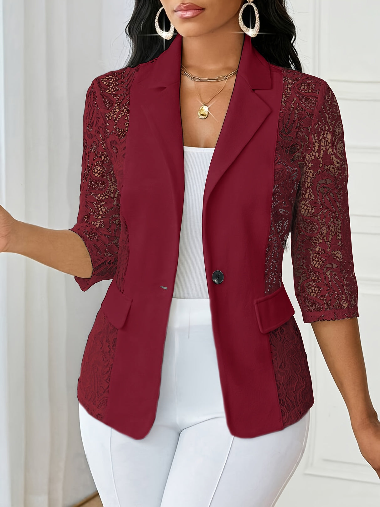 PatchworkÉlan™ – Lace Patchwork Blazer (European Style, Pocket Flaps, Button Front)