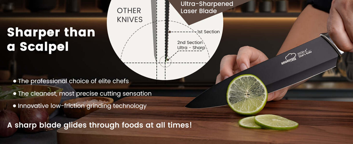 Amorston knife set showcasing ultra-sharpened laser blade cutting through lime, emphasizing precision and quality.