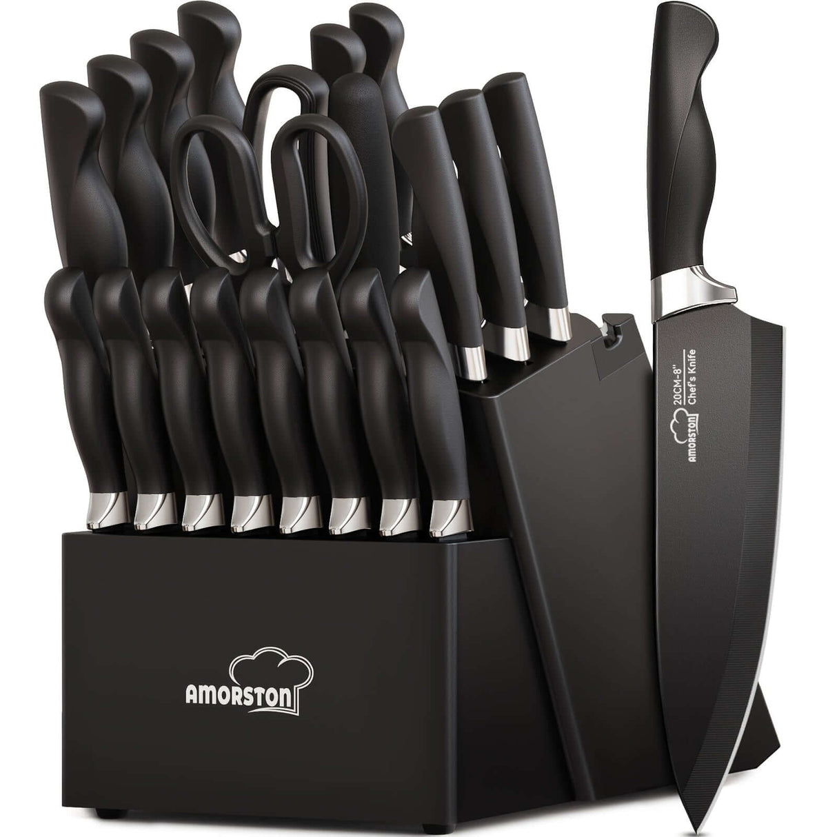 Amorston 20pcs premium knife set displayed in a black block, featuring stainless steel blades and ergonomic handles.