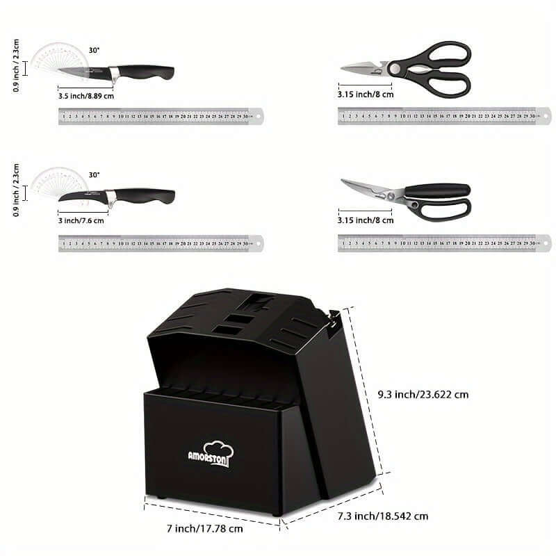 Amorston 20pcs knife set with scissors on a measurement display, showcasing premium stainless steel kitchen knives.