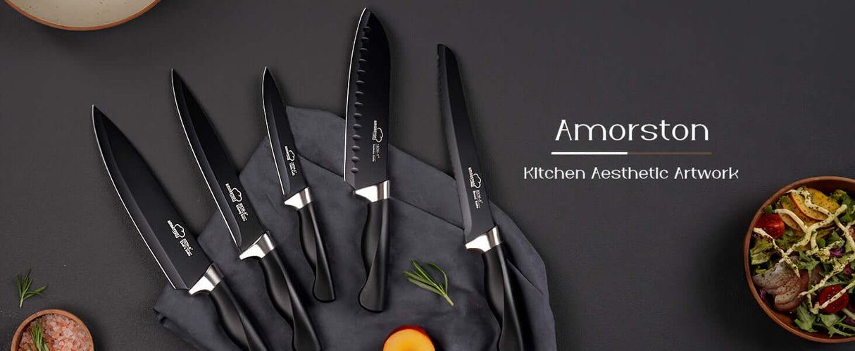 Amorston 20pcs knife set displayed on a black surface, showcasing premium stainless steel kitchen knives.