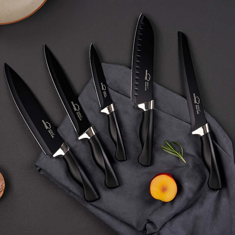 Amorston 20pcs Knife Set featuring premium stainless steel kitchen knives on a dark surface with herbs and fruits.