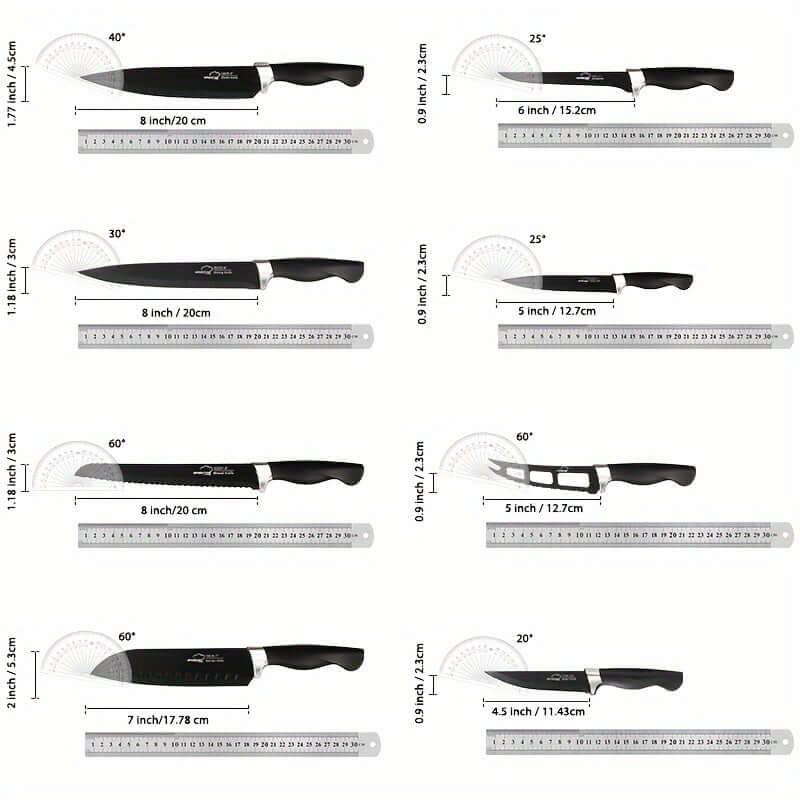 Amorston knife set showcasing various knife sizes, each displayed with measurement guides for precise cutting in the kitchen.