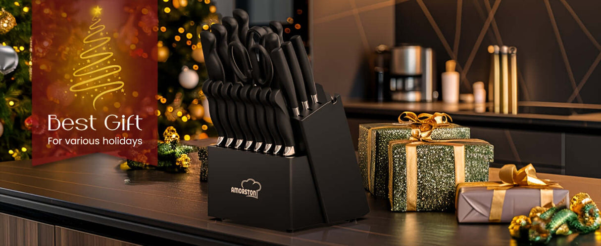 Amorston 20pcs knife set displayed on a kitchen countertop with holiday decorations and gifts.