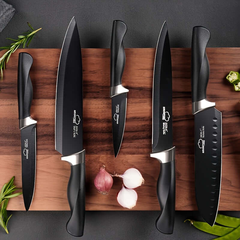 Amorston 20pcs Knife Set featuring premium stainless steel kitchen knives on a wooden cutting board.