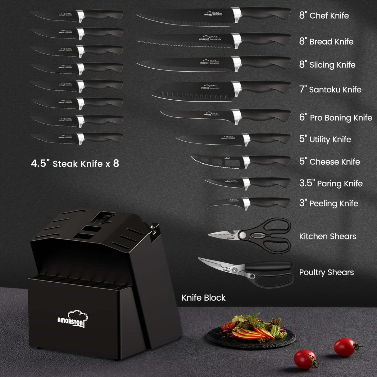 Amorston 20pcs Knife Set displaying various kitchen knives including chef, bread, and steak knives, with a stylish knife block.