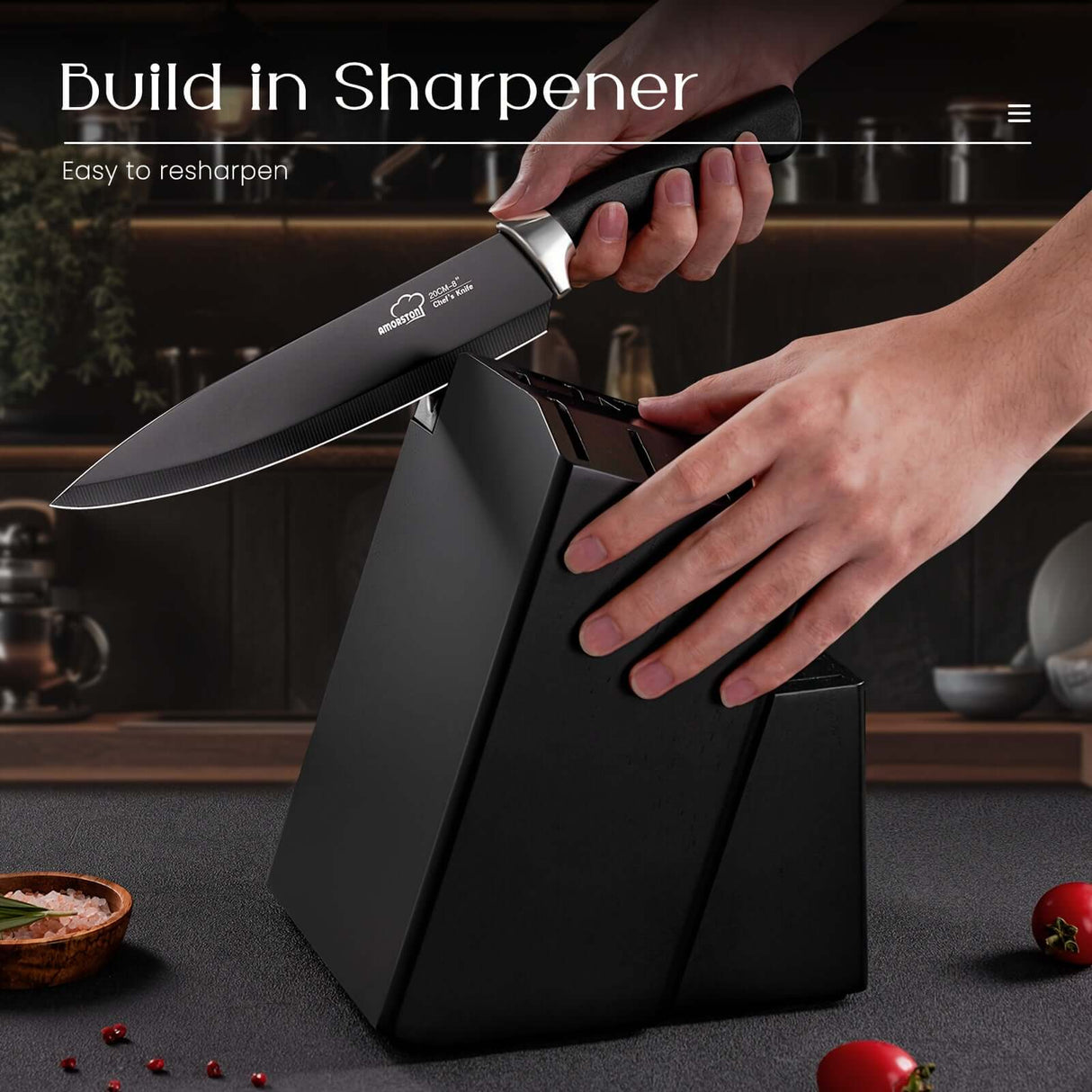 Amorston knife set with built-in sharpener for easy resharpening, showcasing sleek design and functionality.