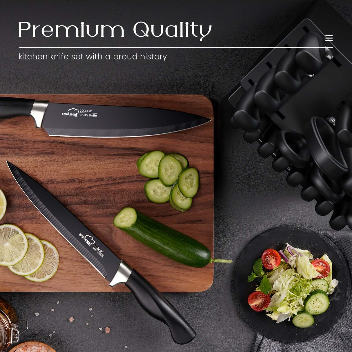 Amorston premium kitchen knife set displayed on a wooden cutting board with fresh vegetables and salad.