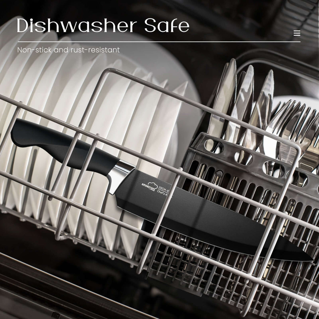 Amorston knife set in dishwasher, demonstrating dishwasher-safe, non-stick and rust-resistant features.