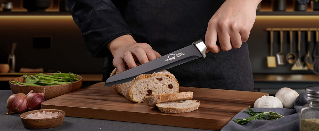 Person slicing bread with Amorston premium kitchen knife on a wooden cutting board in a modern kitchen setting.