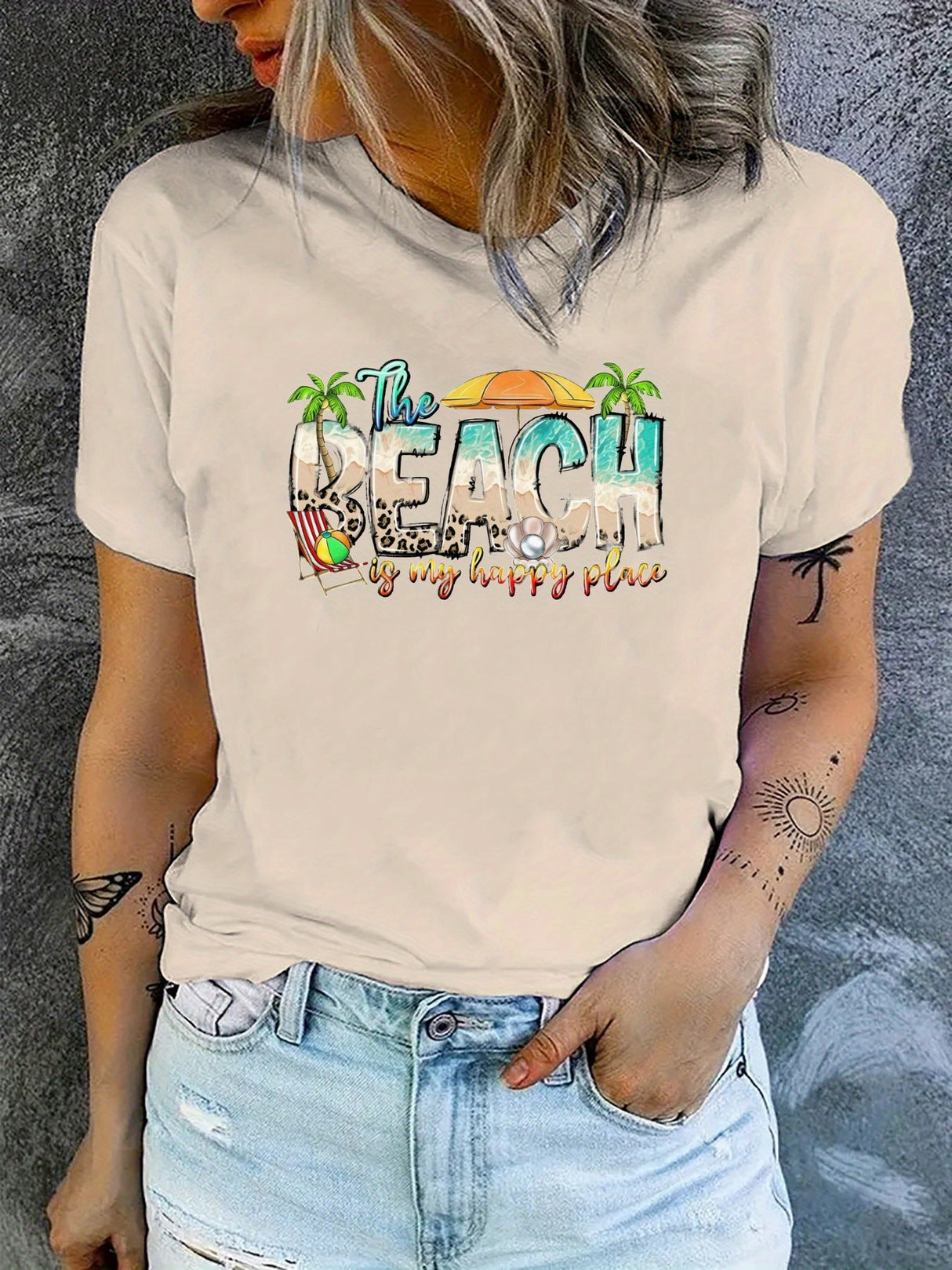 Beach Graphic Tee - 100% Cotton Crew Neck