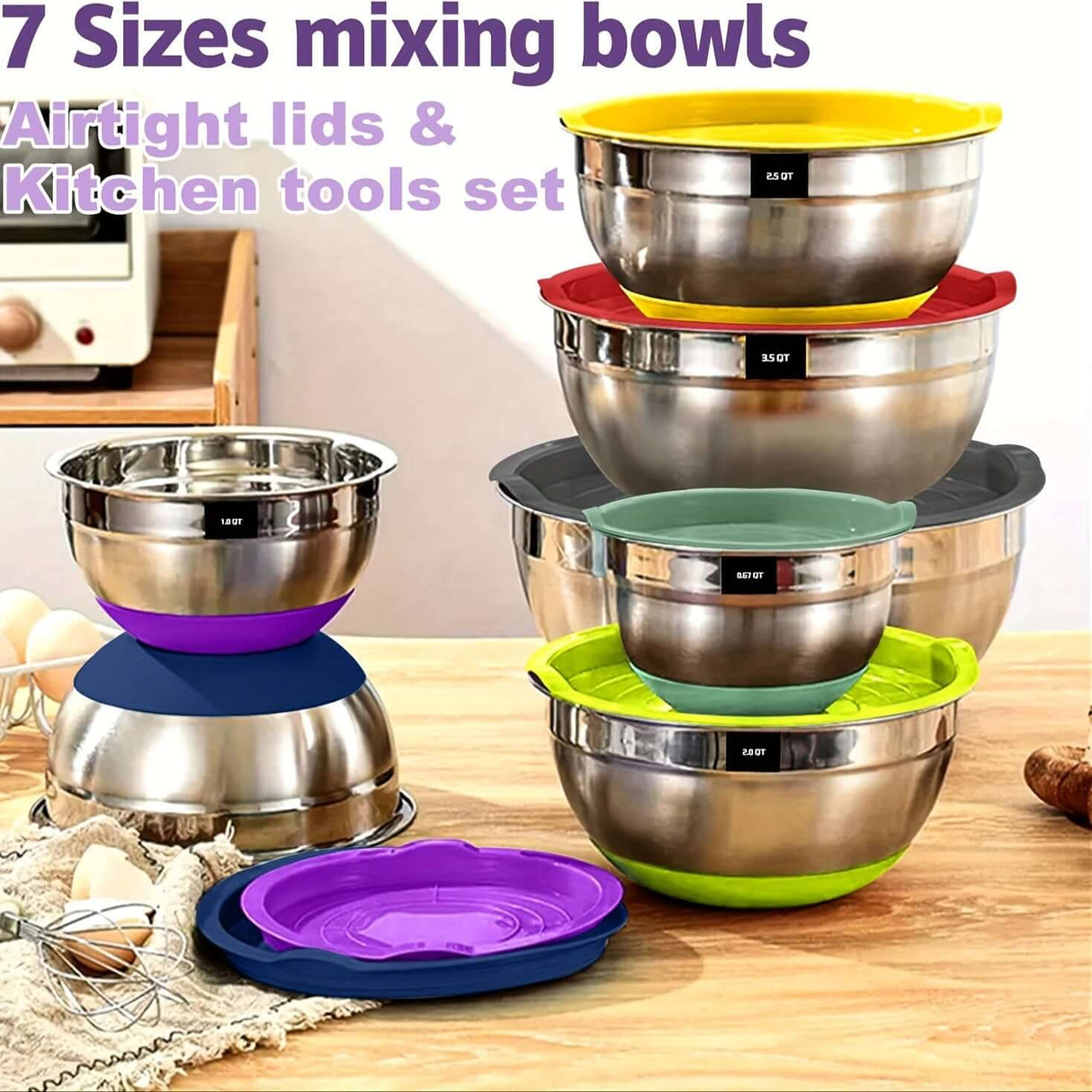 7 sizes stainless steel mixing bowls set with airtight lids and kitchen tools, organized and displayed on a countertop.